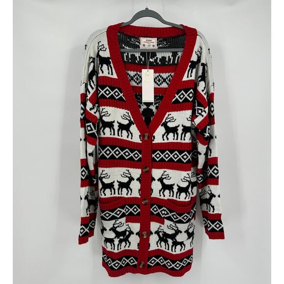 V28 Womens Christmas Cardigan Size 3XL Long Line Reindeer Holiday Sweater - Picture 1 of 8